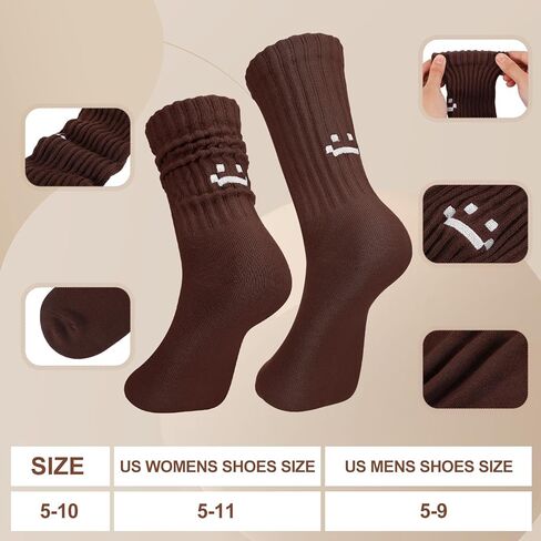 5 Pair Scrunch Crew Socks for Women Retro Cute Boot Socks Brown Smile Face Sock Cotton Chunky Sock for Workout Hospital in Saudi Arabia