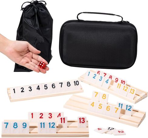 لعبة Rummy Cube لـ 6 لاعبين - مجموعة محمولة مع 160 بلاطات ، و 6 رفوف خشبية وحالة محمولة ، ولوحة السفر العائلية الكلاسيكية للمتعة أثناء التنقل in Kuwait