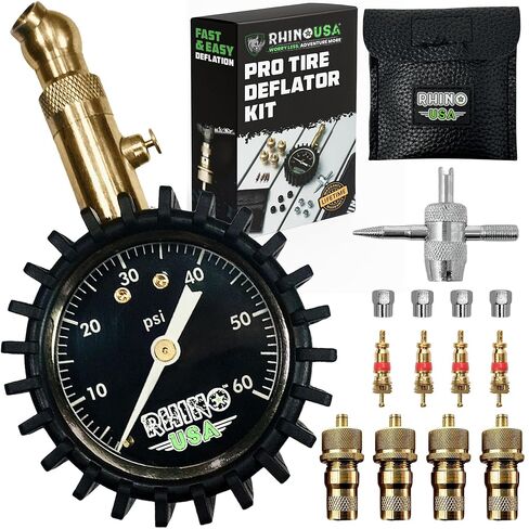 Rhino USA Adjustable Tire Deflators with Gauge (0-60psi) Calibrated & Automatic Tire Air Down Tool - Large 2" Easy Read Glow Dial & Solid Brass Hardware - Best Offroad Deflator for Jeep, Truck or ATV in Kuwait