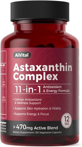 AiVital™ Astaxanthin 12 ملغ، مكملات طبيعية مضادة للأكسدة من الطحالب الدقيقة، مركب أستازانتين 11 في 1 للطاقة وصحة البشرة والعينين، غير معدل وراثيًا، خالي من الغلوتين، 60 كبسولة، كمية تكفي لمدة شهرين in Saudi Arabia