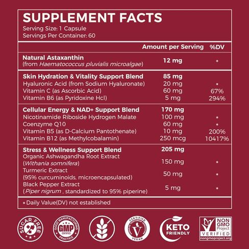AiVital™ Astaxanthin 12 ملغ، مكملات طبيعية مضادة للأكسدة من الطحالب الدقيقة، مركب أستازانتين 11 في 1 للطاقة وصحة البشرة والعينين، غير معدل وراثيًا، خالي من الغلوتين، 60 كبسولة، كمية تكفي لمدة شهرين in Saudi Arabia