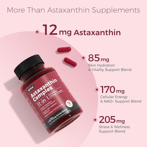 AiVital™ Astaxanthin 12 ملغ، مكملات طبيعية مضادة للأكسدة من الطحالب الدقيقة، مركب أستازانتين 11 في 1 للطاقة وصحة البشرة والعينين، غير معدل وراثيًا، خالي من الغلوتين، 60 كبسولة، كمية تكفي لمدة شهرين in Saudi Arabia