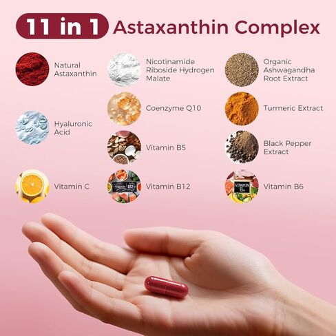 AiVital™ Astaxanthin 12 ملغ، مكملات طبيعية مضادة للأكسدة من الطحالب الدقيقة، مركب أستازانتين 11 في 1 للطاقة وصحة البشرة والعينين، غير معدل وراثيًا، خالي من الغلوتين، 60 كبسولة، كمية تكفي لمدة شهرين in Saudi Arabia
