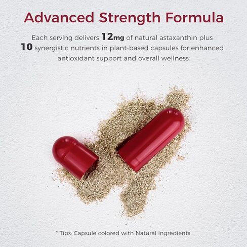 AiVital™ Astaxanthin 12 ملغ، مكملات طبيعية مضادة للأكسدة من الطحالب الدقيقة، مركب أستازانتين 11 في 1 للطاقة وصحة البشرة والعينين، غير معدل وراثيًا، خالي من الغلوتين، 60 كبسولة، كمية تكفي لمدة شهرين in Saudi Arabia