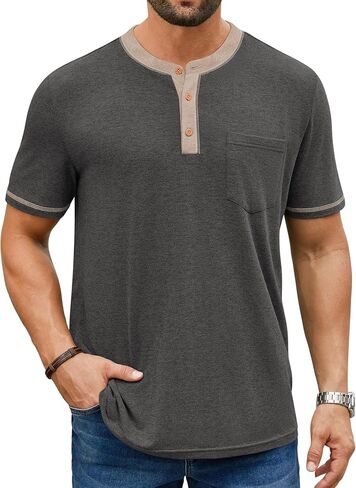 Hardaddy Men's Short Sleeve Henley Shirts Casual Color Block T-Shirts Button Henley Tee with Pocket in Kuwait