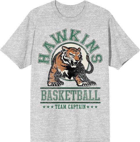 تي شيرت Stranger Things Hawkins Basketball Tiger Graphic للبالغين منقط رمادي اللون برقبة دائرية وأكمام قصيرة in Kuwait
