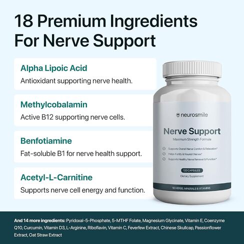 Nerve Support Supplement | Support Healthy Sensation | Alpha Lipoic Acid 600 mg, Methylcobalamin & L-Carnitine | 18 Nutrients | 120 Capsules (30 Day Supply) in Saudi Arabia
