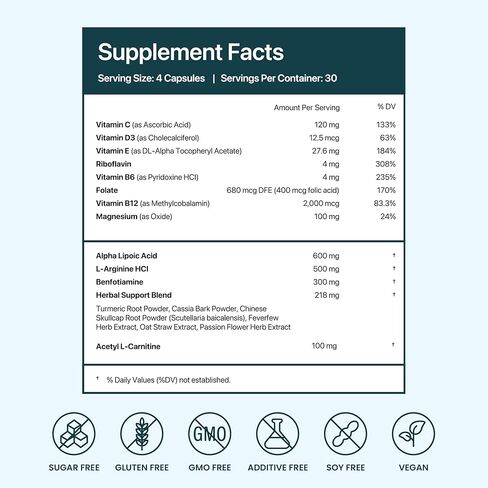 Nerve Support Supplement | Support Healthy Sensation | Alpha Lipoic Acid 600 mg, Methylcobalamin & L-Carnitine | 18 Nutrients | 120 Capsules (30 Day Supply) in Saudi Arabia