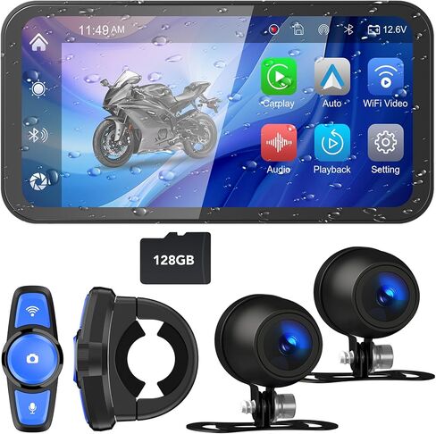 6.25" Motorcycle CarPlay& Android Auto, Motorcycle Dash Cam, Motorbike TPMS, Motorbike GPS Navigation System, IP67 Waterproof, Remote Control, Support Siri, Free 128G SD Card Loop Recording in Kuwait