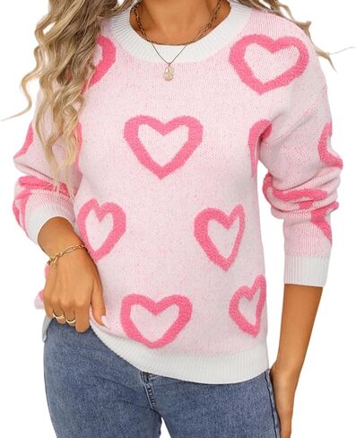 Women Cute Heart Sweater Love Print Valentine Romantic Knitted Top Crewneck Long Sleeve Sweaters Pullover in Saudi Arabia