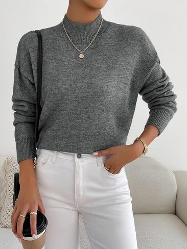 Women's Soft Mock Neck Pullover Sweater, Casual Long Sleeve Solid Color Lightweight Top for Fall and Winter in Saudi Arabia
