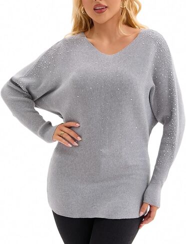 Froggirl Women’s Batwing Sleeve Rhinestone Pullover Sweater Ribbed Knit Tunic Top, Loose Fit – Elegant Sparkle Sweater in Saudi Arabia