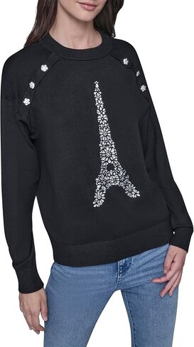 KARL LAGERFELD womens Long Sleeve Crew Neck Bejewled Eiffel Tower Sweater in Saudi Arabia