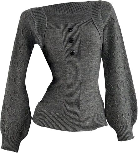 Milumia Women's Cute Heart Button Sweater Square Neck Long Sleeve Fitted Knitted Tops in Saudi Arabia