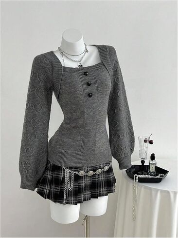 Milumia Women's Cute Heart Button Sweater Square Neck Long Sleeve Fitted Knitted Tops in Saudi Arabia