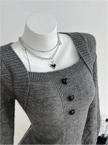 Milumia Women's Cute Heart Button Sweater Square Neck Long Sleeve Fitted Knitted Tops in Saudi Arabia