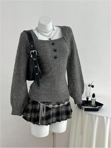Milumia Women's Cute Heart Button Sweater Square Neck Long Sleeve Fitted Knitted Tops in Saudi Arabia