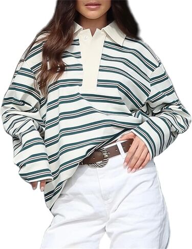 المرأة Oversied Stripd قميص الرجبي Y2k كم طويل زر الياقة Preppy بولو سترة خمر ملابس الشارع الجمالية in Kuwait