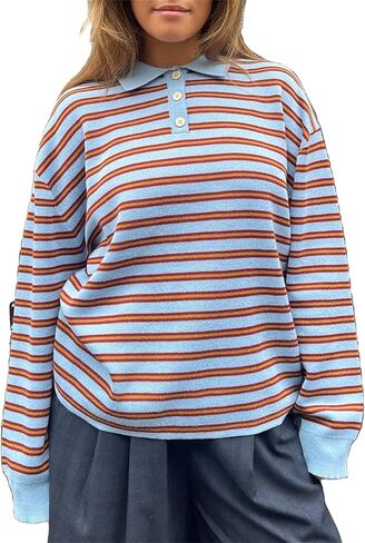 المرأة Oversied Stripd قميص الرجبي Y2k كم طويل زر الياقة Preppy بولو سترة خمر ملابس الشارع الجمالية in Kuwait