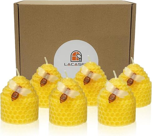 Beeswax Candles Set of 6pcs, Bee Candles with Little Bee Ornament Decors, Unscented & Dripless& Smokeless, Dia 1.77" x1.97" Each, Yellow in Saudi Arabia