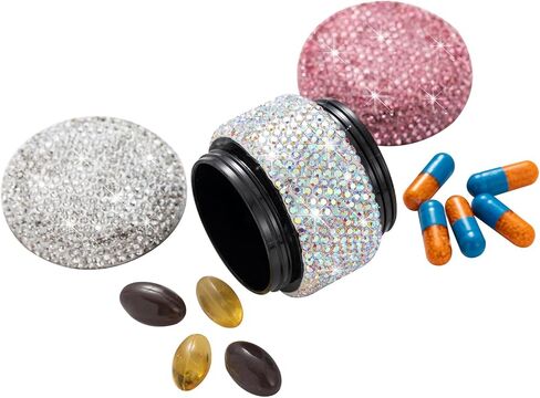 حافظة حبوب منع الحمل الصغيرة مكونة من حجرتين، حامل صندوق حبوب صغير بلينغ للمحفظة، جيب صغير، زجاجة حاوية دواء معدنية للنساء (وردي) in Kuwait