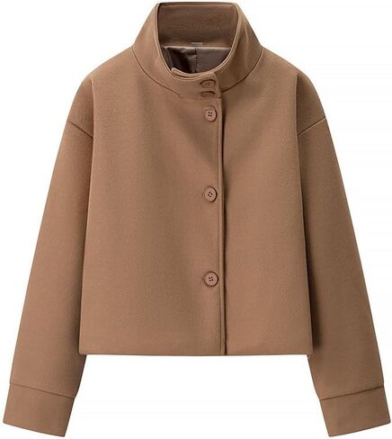 Women's Stand Collar Short Coat Buttoned Pea Jacket Fall Winter Casual Office Chic Outerwear in Saudi Arabia