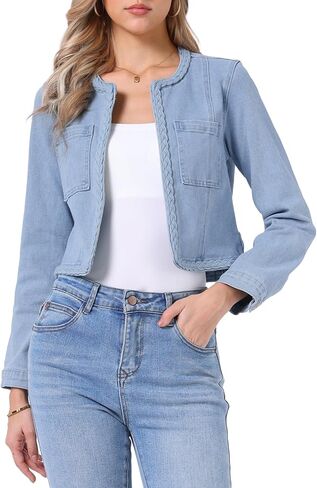 Allegra K Denim Jacket for Women Collarless Long Sleeve Open Front Cropped Jean Jackets in Saudi Arabia