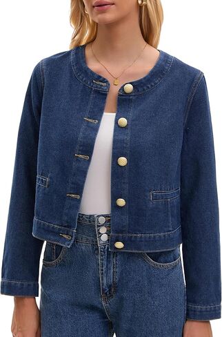 Women's Collarless Denim Jacket Long Sleeve 2026 Button Down Jean Jackets in Saudi Arabia