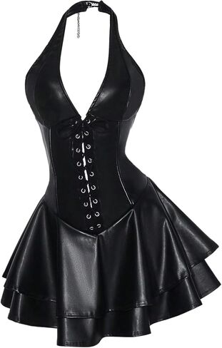 WDIRARA Women's PU Leather Lace Up Mini Halter Dress Sexy Punk Sleeveless Ruffle Layered A Line Dresses in Saudi Arabia