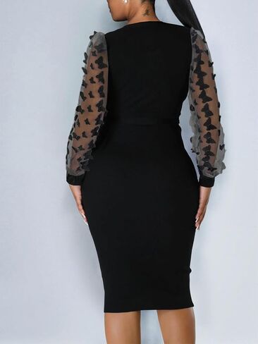 Ophestin Women's Long Puff Sleeve Bodycon Dress Mesh Bishop Sleeve Sexy V Neck Party Church Work Midi Dresses in Saudi Arabia