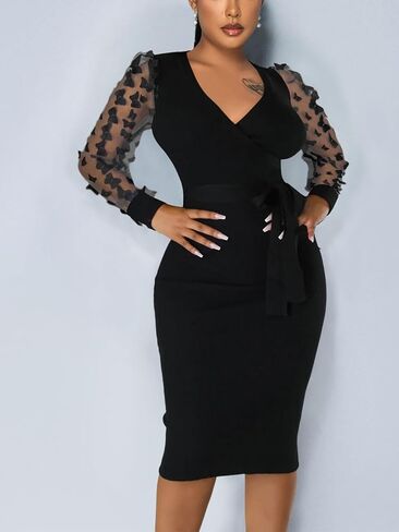 Ophestin Women's Long Puff Sleeve Bodycon Dress Mesh Bishop Sleeve Sexy V Neck Party Church Work Midi Dresses in Saudi Arabia
