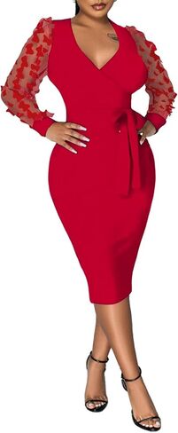 Ophestin Women's Long Puff Sleeve Bodycon Dress Mesh Bishop Sleeve Sexy V Neck Party Church Work Midi Dresses in Saudi Arabia