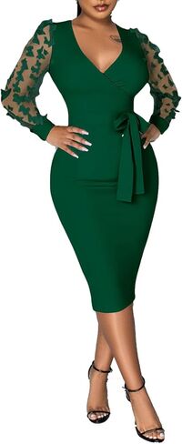 Ophestin Women's Long Puff Sleeve Bodycon Dress Mesh Bishop Sleeve Sexy V Neck Party Church Work Midi Dresses in Saudi Arabia