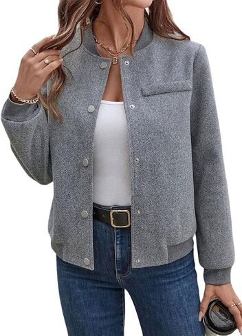 Womens Fall Winter Wool Blend Bomber Jacket Casual Stand Collar Button Down Fashion Short Pea Coats with Pockets in Saudi Arabia