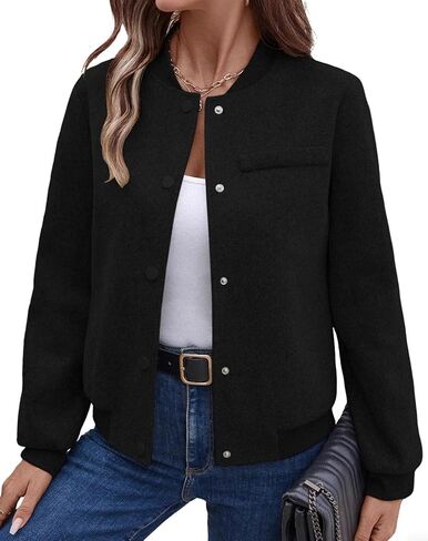 Womens Fall Winter Wool Blend Bomber Jacket Casual Stand Collar Button Down Fashion Short Pea Coats with Pockets in Saudi Arabia