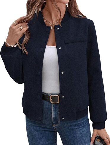 Womens Fall Winter Wool Blend Bomber Jacket Casual Stand Collar Button Down Fashion Short Pea Coats with Pockets in Saudi Arabia