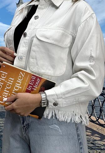 سترة نسائية من TodTan من قماش الدنيم المقصوص سترات جينز ناعمة متوترة خفيفة الوزن وأكمام طويلة ملابس غير رسمية للربيع والخريف in Kuwait