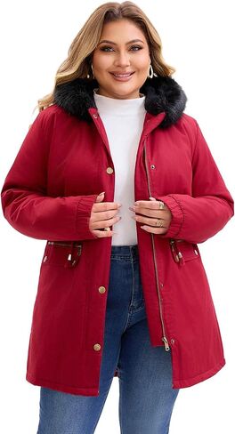 Agnes Orinda Plus Size for Women Parka Jacket Zipper Up Fleece Lined Windbreaker Fur Hood Drawstring Winter Coat with Pockets in Saudi Arabia