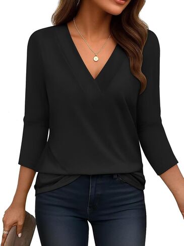 Bliwov Womens Spring Summer Tops V Neck 3/4 Sleeve Outfits Loose Fit Soft Blouses Business Casual Basic Plus Size T Shirts in Kuwait