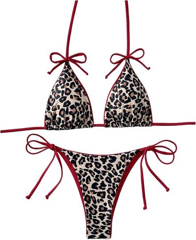 Women's 2 Piece Swim Suits Cheetah Print Halter Bras and Thongs Summer Beach Wear in Saudi Arabia