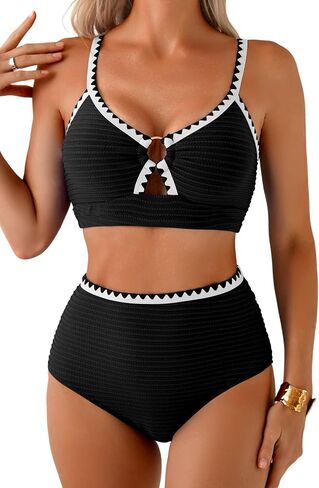Herseas Women's Textured Bikini Sets O Ring Swimsuits Whip Stitch High Waisted Bathing Suits 2026 Summer Beach Wear in Saudi Arabia