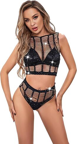 Lingerie Bodysuit for Women Rhinestone Lingerie Outfit for Women Elegant Mesh Bodysuit Stylish Mesh Dress in Kuwait