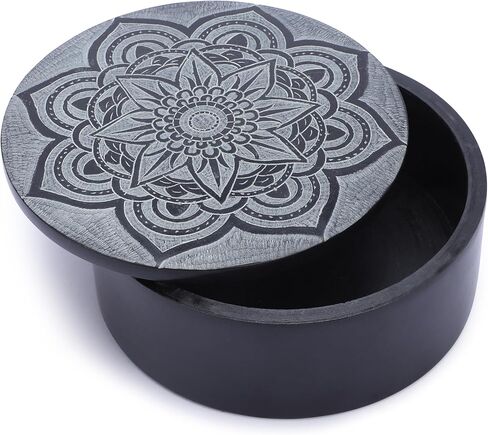 Ajuny Handmade Black Marble Soapstone Round Decorative Box Mandala Carvings Multipurpose Use as Jewelry Storage, Ring Holder, Trinket Holder Home Decor Great For Gifts 5 x 5 x 2 Inches in Saudi Arabia