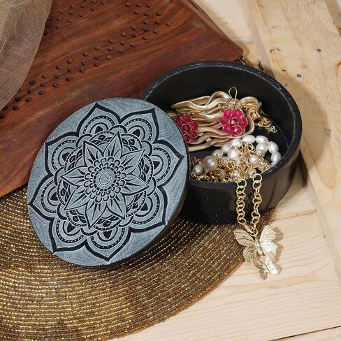 Ajuny Handmade Black Marble Soapstone Round Decorative Box Mandala Carvings Multipurpose Use as Jewelry Storage, Ring Holder, Trinket Holder Home Decor Great For Gifts 5 x 5 x 2 Inches in Saudi Arabia