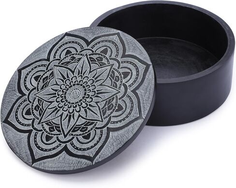 Ajuny Handmade Black Marble Soapstone Round Decorative Box Mandala Carvings Multipurpose Use as Jewelry Storage, Ring Holder, Trinket Holder Home Decor Great For Gifts 5 x 5 x 2 Inches in Saudi Arabia