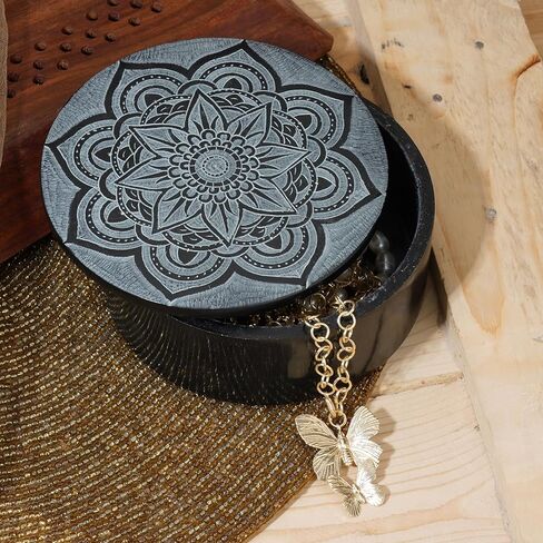 Ajuny Handmade Black Marble Soapstone Round Decorative Box Mandala Carvings Multipurpose Use as Jewelry Storage, Ring Holder, Trinket Holder Home Decor Great For Gifts 5 x 5 x 2 Inches in Saudi Arabia