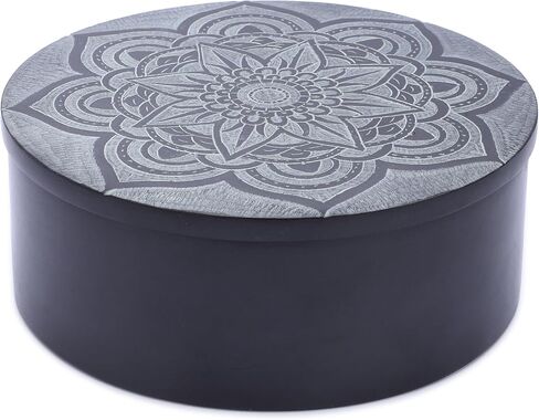 Ajuny Handmade Black Marble Soapstone Round Decorative Box Mandala Carvings Multipurpose Use as Jewelry Storage, Ring Holder, Trinket Holder Home Decor Great For Gifts 5 x 5 x 2 Inches in Saudi Arabia