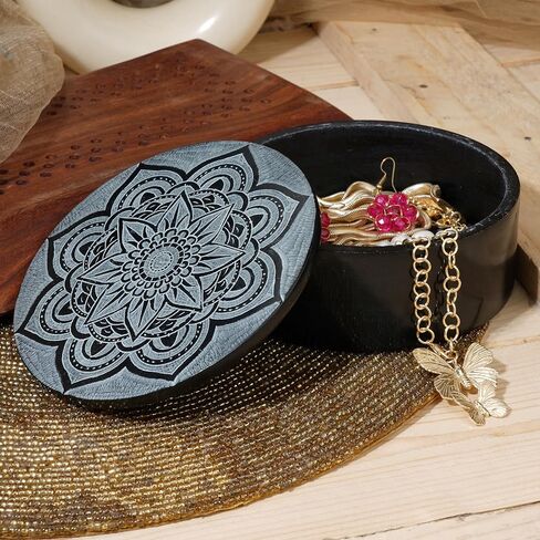 Ajuny Handmade Black Marble Soapstone Round Decorative Box Mandala Carvings Multipurpose Use as Jewelry Storage, Ring Holder, Trinket Holder Home Decor Great For Gifts 5 x 5 x 2 Inches in Saudi Arabia