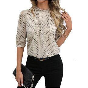 Milumia Women's Polka Dots Half Puff Sleeve Blouse Button Mock Neck Pleated Dressy Work Casual Tops in Saudi Arabia