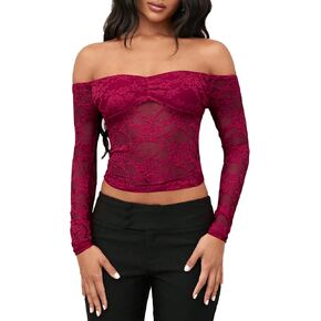 Milumia Women's Sexy Sheer Mesh Off The Shoulder Lace Long Sleeve Top Y2K Rave in Saudi Arabia